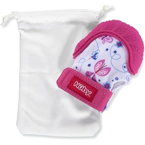 Nuby Soothing Teething Mitten with Hygienic Travel Bag, Pink.