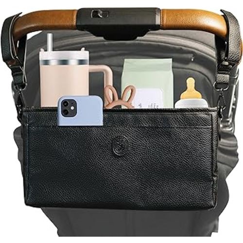 Universal Stroller Organizer with Cup Holder- Leather Stroller Caddy with Cup Holder, 4 Built-In Pockets, & Shoulder Strap, Stroller Bag Organizer fits Mockingbird, UppaBaby, Nuna, BOB, and More