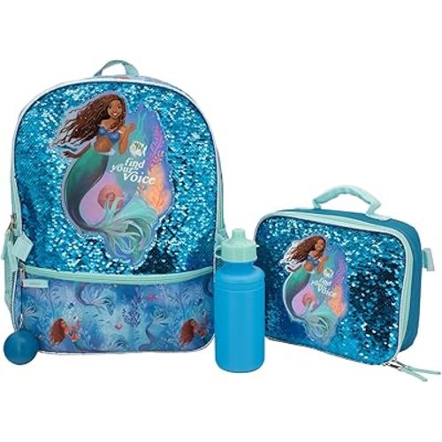 Disney The Little Mermaid Movie 4 Piece Backpack Set, Flip Sequin School Bag for Girls with Front Zip Pocket, Green