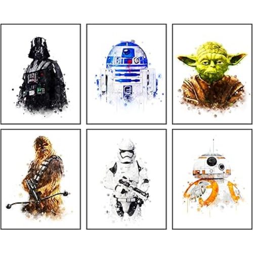 HT LIFE Star Wars Posters for Walls Star Wars Poster Watercolor Prints Set of 6 Unframed (8''x10'') Kids Room Decor Star Wars Wall Art Darth Vader Yoda Bedroom Living Bathroom Decor