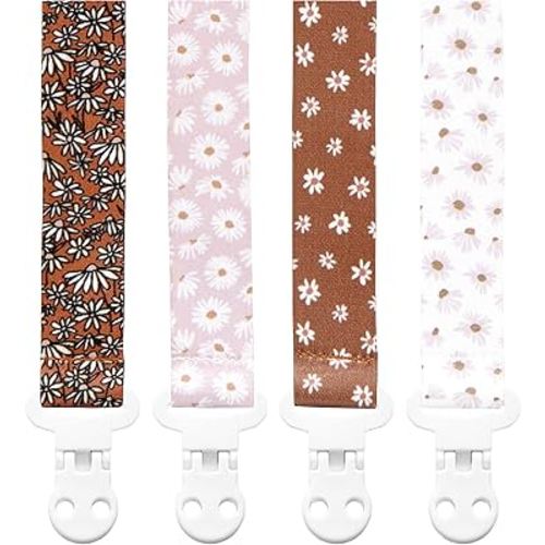 Baby Pacifier Clip Holder - Girl 4 Pack Gift Set – Boho Modern Neutral Flowers Floral (Daisy)