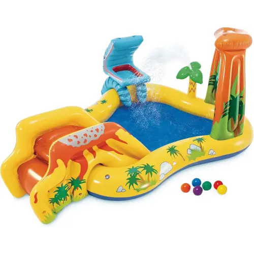 Intex Inflatable Dinosaur Play Center Outdoor Playhouse Inflatable Water Park with Kid Pool Slide, Water Sprayer, Waterfall, and 6 Balls, Multicolor