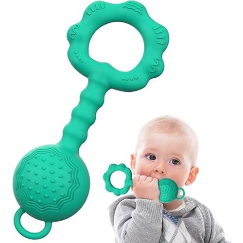 Teething Toys for Babies 0-6 Months, Baby Rattles 6 to 12 Months, 2-in-1 Rattle and Teether Toy for Soothing Sore Gums and Keeps Little Ones Entertained, Food Grade Silicone, Spearmint