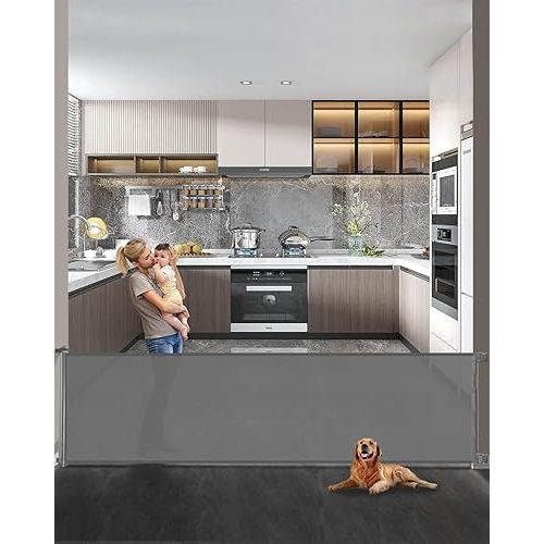 Retractable Baby Gate for Stairs – 33” Height, Expands up to 118” Width – Safety Gate for Infants, Toddlers, Dogs & Pets – Easy Install, Secure Closure, Gray Mesh Design for Indoor & Outdoor Use