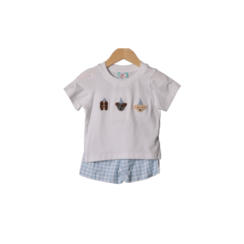 French Knot Party Pups Blue Gingham Short Set