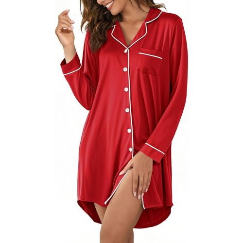 Nightgowns for Women Button Down Sleep Shirts Short Sleeve Nightshirt Boyfriend Nightdress V Neck Pajama Dress S-XXL