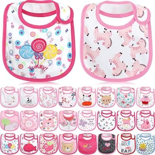 HooLing 24 Pcs Waterproof Baby Bibs, Soft Cotton Toddler Drool Bibs for Girls & Boys Feeding, Kindergarten Welfare