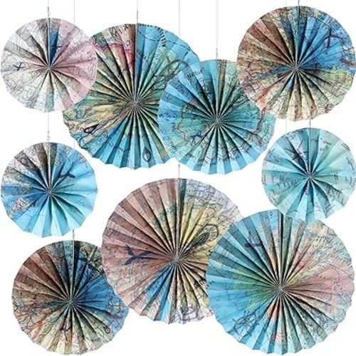 Outus 18 Pcs Travel The Map Hanging Paper Fans Decorations Adventure Awaits Bulletin Board Classroom Decorations Map Themed Ceiling Wall Garland for Kids Classroom Homeschool Office Decor (Travel)