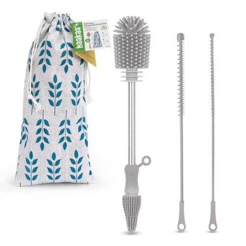 Haakaa Baby Bottle Brush Kit -Silicone Cleaning Brush for Breast Pump,Nipple,Breast Milk Storage Bag,Reusable Straw,Sippy Cup - Food Grade Silicone Bristles, Portable -3 Pcs - Light Gray