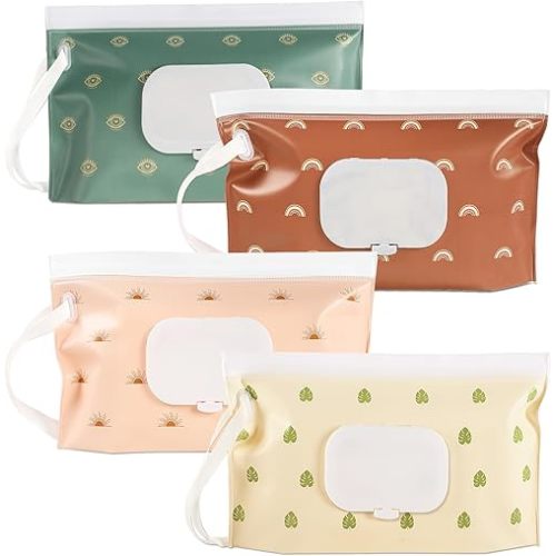 FEBSNOW 4 Pack Portable Refillable Baby Wipes Dispenser, Boho Style Rectangular EVA Wipes Case, Multicolor