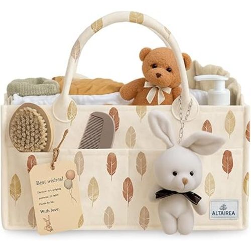 Diaper Caddy Organizer with Plush Toy – Portable Nursery Storage Basket for Diapers, Wipes, and Baby Essentials