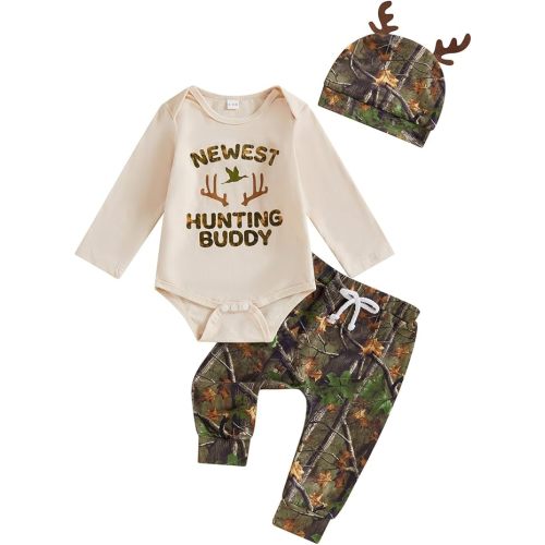 GOOCHEER Newborn Baby Boy Fall Outfit Hunting Deer Letter Long Sleeve Bubble Romper Shirt Pants Hat 3Pcs Infant Clothes Set