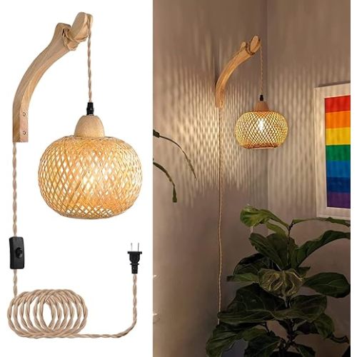Frideko Bamboo Lantern Plug in Wall Sconces Wicker Wall Lamp with Plug in Cord Hand Woven Rattan Wall Light Farmhouse Rustic Wall Sconces Boho Sconces Wall Lighting for Living Room Bedroom