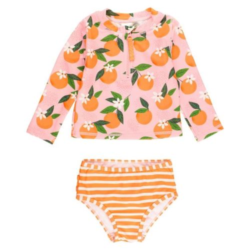 RuffleButts Baby Girls Long Sleeve Zipper Rash Guard Bikini - Orange You The Sweetest, Size: 3-6m