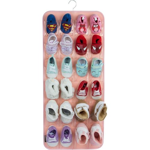 PACMAXI Over The Door Shoes Organizer for 12 Pairs of Baby Shoes Boys Girl, Hanging Baby Shoe Organizer with Hanger(Felt Material-Pink)