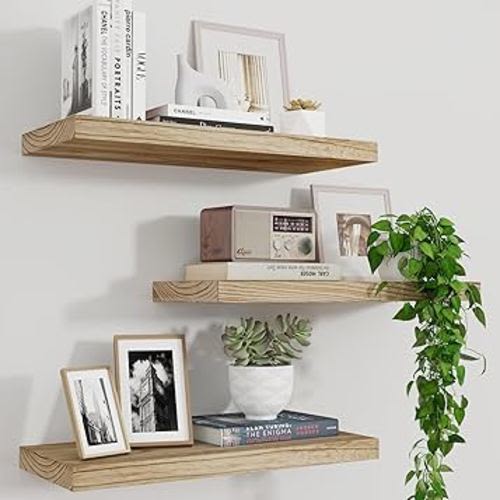 Floating Shelves, 17 Inch Wall Shelf Set of 3, Rustic Wood Shelves for Wall Storage, Wall Mounted Wooden Display Shelf for Bedroom Kitchen, Carbonized