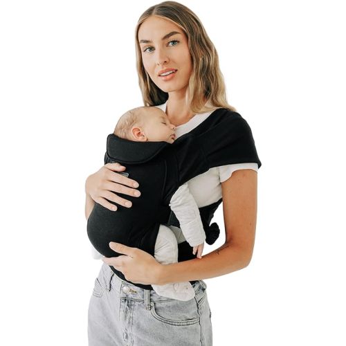 Tushbaby Pearl Wrap Baby Carrier for Newborns 8–20 lbs, Hands-Free Ergonomic Infant Carrier with Storage, Bottle & Wipe Holder, Adjustable Soft Fabric, Black
