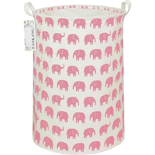 FANKANG Storage Basket, Nursery Hamper Canvas Laundry Basket Foldable with Waterproof PE Coating Large Storage Baskets for Kids Boys and Girls, Office, Bedroom, Clothes,Toys(Pink Elephant)