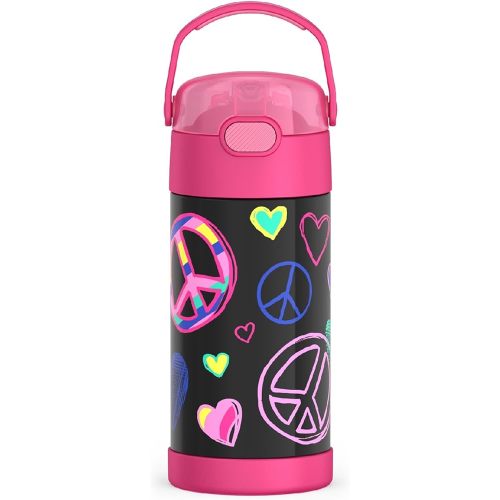 THERMOS FUNTAINER Water Bottle with Straw - 12 Ounce - Kids Stainless Steel Vacuum Insulated Water Bottle with Lid, Peace