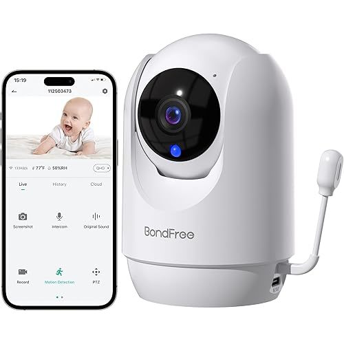 BondFree Baby Monitor with Camera and Audio, 2K Smart Baby Monitor with App, Temperature& Humidity, 2-Way Talk, 3MP Night Vision, 14 Lullabies,Cry & Motion Detection, 4X Zoom-5Ghz WiFi Baby Monitor