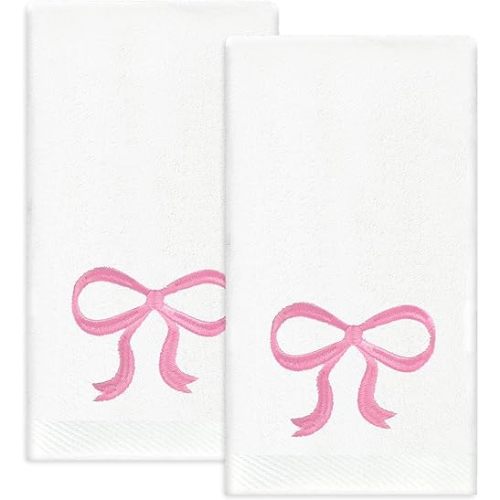 2 Pack Bow Hand Towels Valentine's Day Kitchen Towel Pink Bowknot Embroidered Cotton Dish Towel for Bathroom Hand Drying Kitchen Cleaning Towel Gift Set, 29.5 x 13.7 Inch