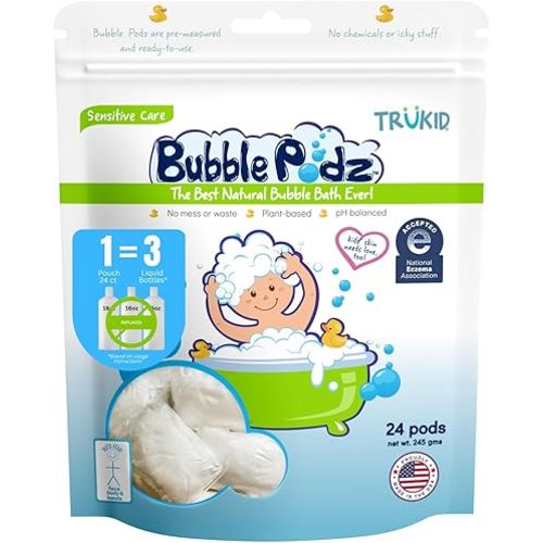 TruKid Bubble Podz Bubble Bath for Baby & Kids, NEA-Accepted for Eczema, Gentle Refreshing Colloidal Oatmeal Bath Bomb for Sensitive Skin, pH Balance 7 for Eye Sensitivity, Unscented (24 Podz)