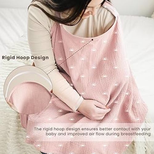 Konssy Muslin Nursing Cover for Baby Breastfeeding, Breathable 100% Cotton Breastfeeding Cover with Rigid Hoop for Mother Nursing Apron, Multi-use Carseat Canopy