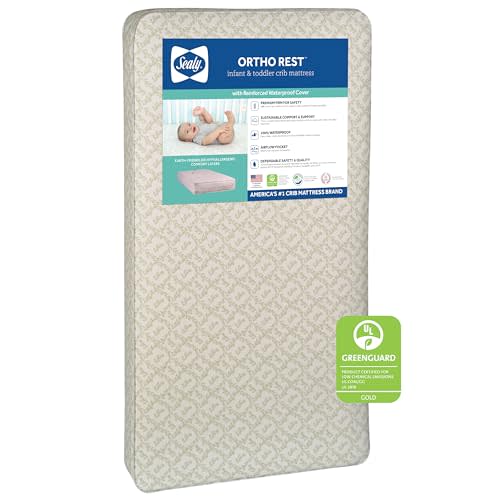 Sealy Baby Ortho Rest Waterproof Crib Mattress Plus Toddler Bed Fit, 150 Extra Firm Coils, Orthopedic Comfort, GREENGUARD Gold Certified, Safety & Quality Tested, Made in USA, 52"X28" - Gray