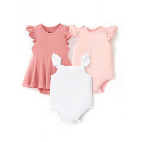 PATPAT Baby Girl Bodysuits - Soft Bamboo Viscose - Flutter Sleeves Cute Dress - Newborn Infant Summer Clothes - 3 Pack