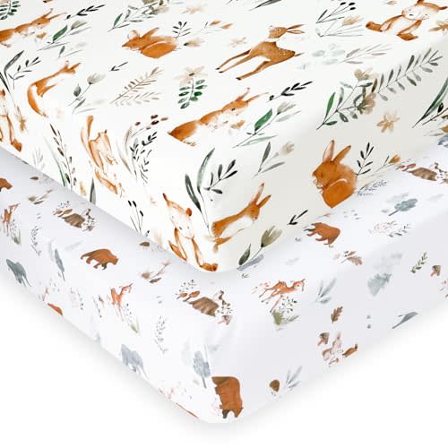 PHF Soft Crib Sheet Fitted, 2 Pack Baby Sheets for Boys Girls, 28x52x9in Fits Standard Crib and Toddler Mattresses, Silky Comfy Breathable Polyester Baby Mattress Sheets, Woodland