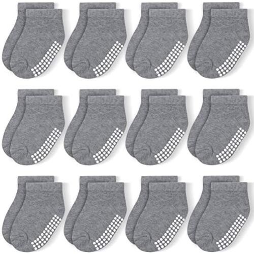 JAKIDAR 12 Pair Baby Toddler Socks Non-Slip Grip Cotton Ankle Socks for Boys Girls Non Skid Soles for Infants Kids