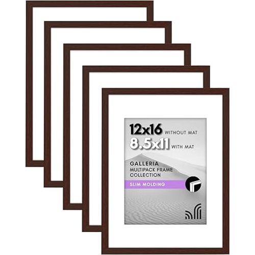 Americanflat 12x16 Picture Frame with Polished Plexiglass - Set of 5 - Use as 8.5x11 Frame with Mat or Display 12x16 Photo Without Mat - Galleria Collection - Picture Frames for Wall - Mahogany