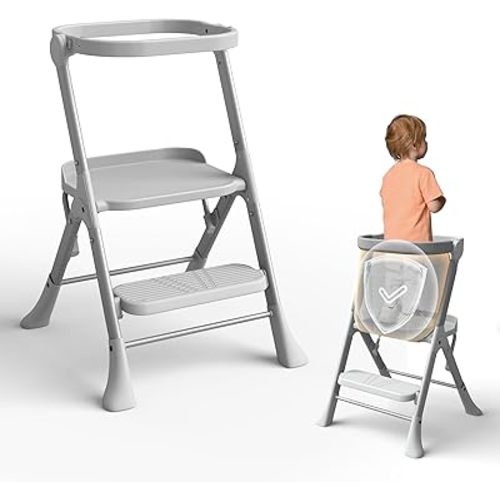Toddler Tower, Non Collapsible for Maximum Stability, Kitchen Stool Helper with Anti-Tipping Structure and Safety Net, Ultra-Secure, Ideal for Toddlers 18 Months to 4 Years, Gray