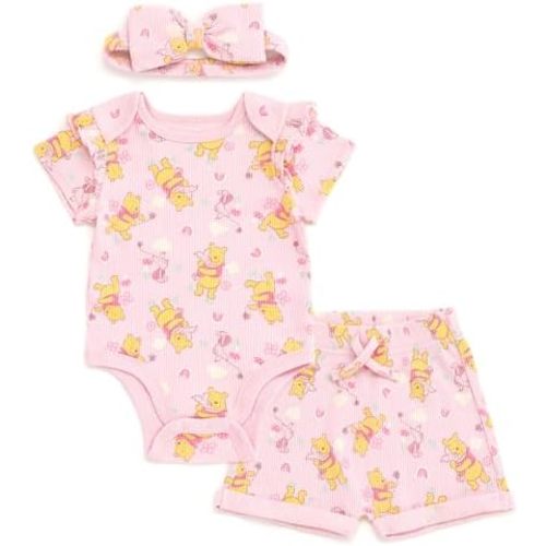 Disney Baby Girls Ribbed Bodysuit, Shorts and Headband 3 Piece Outfit Set Newborn to Infant Sizes (Newborn - 24 Months)