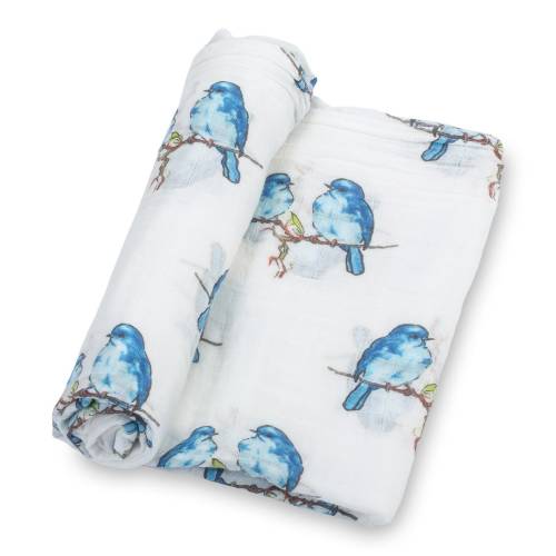 Blue Birds Muslin Swaddle Blanket - 100% Cotton, 47&quot;x47&quot; - Cozy Wrap for Your Little Birdie