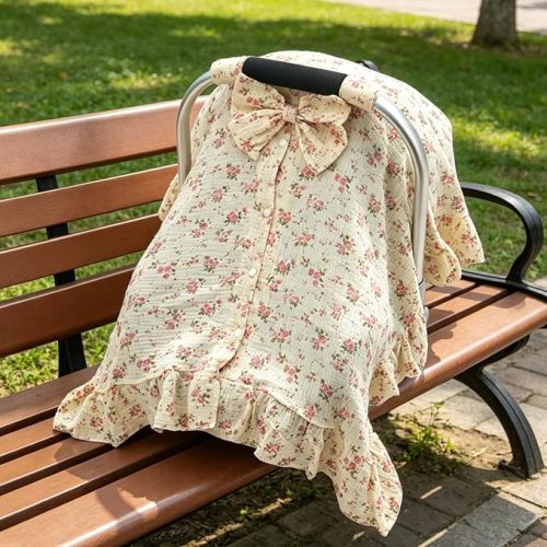 Muslin Baby Car Seat Cover, Handmade Infant Car Seat Cover with Cute Bow & Ruffle Hem Design, Multi-Use Carseat Canopy for Privacy Nursing, Summer Baby Carrier Cover Stroller Sun Protector