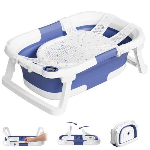 napei Collapsible Baby Bathtub,Baby Bath Tub with Soft Cushion & Thermometer,Baby Bathtub Newborn to Toddler 0-36 Months,Portable Travel Baby Tub,Blue