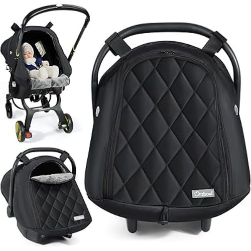 Orzbow Winter Baby Car Seat Cover with Front Zipper Door, Cold Weather Carseat Cover Canopy, Side Breathable, Rain, Snow and Wind Proof Car Seat Carrier Canopy Cover, Machine Washable, Black