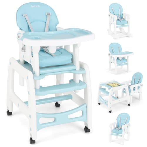INFANS 5 in 1 Baby High Chair, Convertible Toddler Table Chair Set, Rocking Chair, Multi-Function Seat with Lockable Universal Wheels, Adjustable Seat Back, Removable Trays