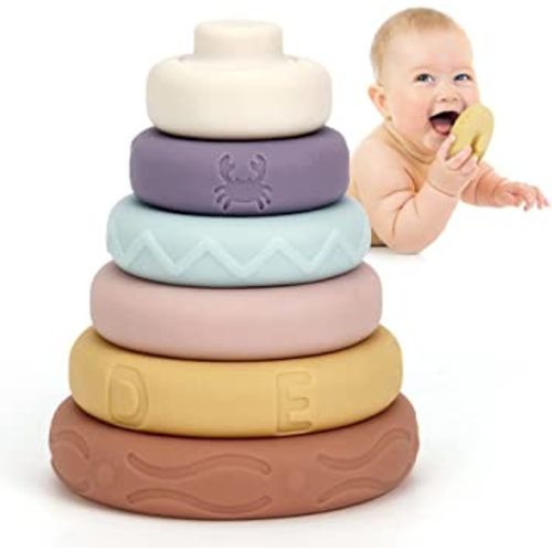 Mini Tudou Stacking & Nesting Circle Toy,6 Pcs Soft Building Rings Stacker & Teethers,Squeeze Play with Early Educational Learning Stacking Tower, Best Gift for 6+ Months Boys & Girls