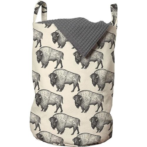 Lunarable Bison Laundry Bag, Repeated Furry American Buffalos Sketch Designed in Vintage Style, Hamper Basket with Handles Drawstring Closure for Laundromats, 13" x 19", Champagne and Charcoal Grey