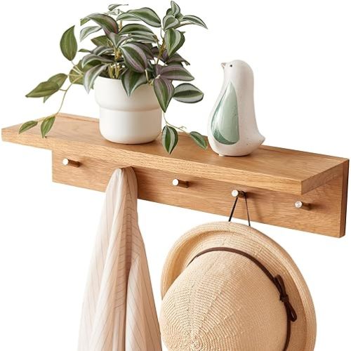 Oak Wood Coat Rack Wall Mount with Shelf 20 Inch Long Entryway Wall Shelf with 5 Hooks, Floating Shelf with Hooks Wall Coat Hooks for Bathroom, Hallway, Living Room