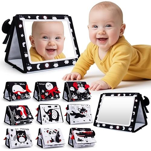 Black and White High Contrast Baby Toys for Babies, Tummy Time Baby Mirror Infant Toys with Crinkle Cloth Book