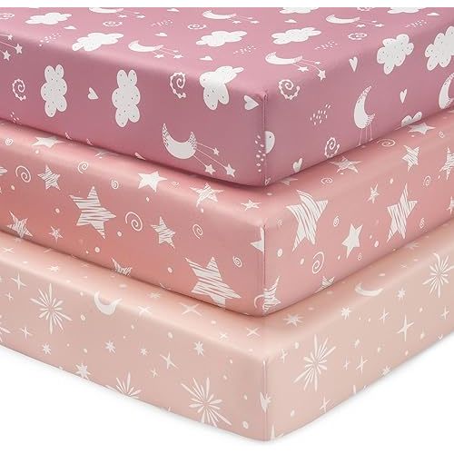 Baby Crib Sheets Girl, 3 Pack Toddler Bed Sheets Fit for 52”x28” Standard Crib and Toddler Mattresses, Super Soft Microfiber Pink Stars