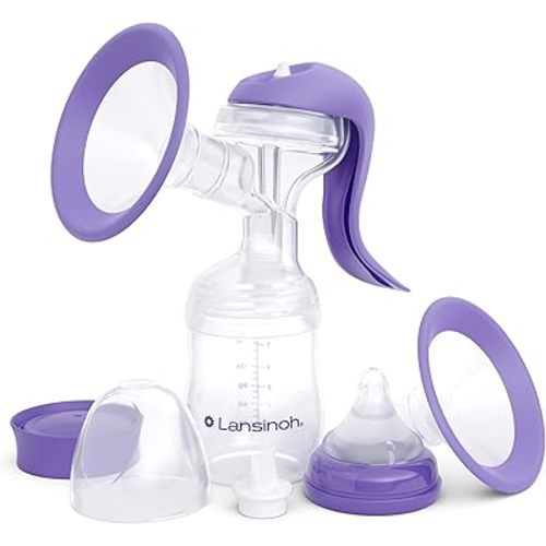 Lansinoh Manual Breast Pump, Hand Pump with Comfortable Flange for Breastfeeding Essentials, Includes Baby Bottle for Feeding, 5oz
