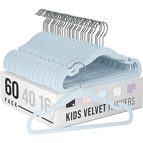 Velvet Baby Hangers for Clothes - Heavy Duty Non Slip Velvet Kids Hangers Or Toddler Hangers for Closet | Ultra Thin Design Kid Hangers for Space Saving - Ganchos De Ropa para Bebe (60 Pack Blue)