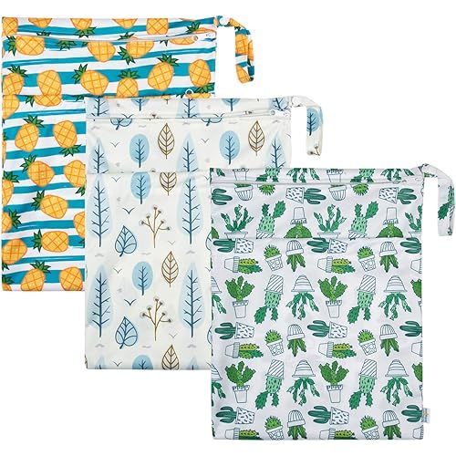 babygoal Wet Dry Bags for Baby Cloth Diapers, Washable Travel Bags, Beach, Pool, Gym Bag for Swimsuits & Wet Clothes with Two Zippered Pockets 3 Pack, 3LN05