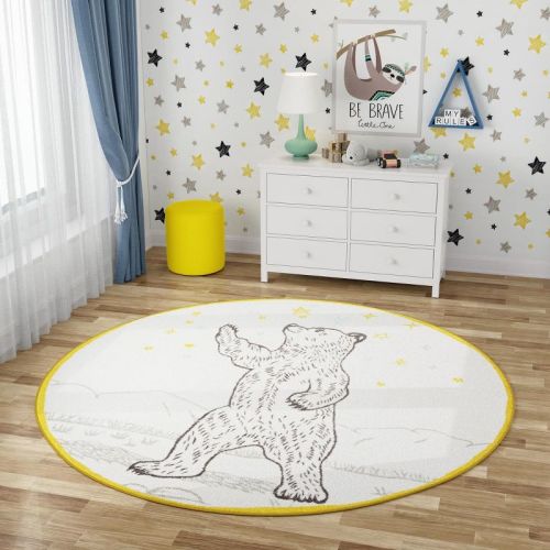 Unique Loom Whimsy Kids Collection Area Rug - Grizzly (5' 3" Round Ivory And Gray/yellow)