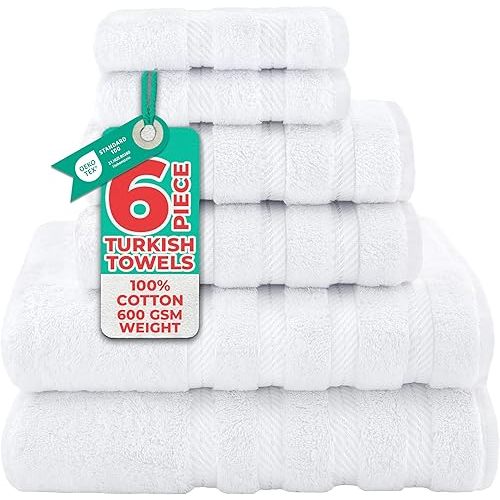 American Soft Linen Luxury 6 Piece Towel Set, 2 Bath Towels 2 Hand Towel 2 Washcloths, 600 GSM 100% Cotton Turkish Towels for Bathroom, White Towel Sets