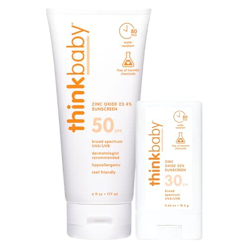 Thinkbaby SPF 50+ Baby Mineral Sunscreen, 6oz + Thinkbaby SPF 30+ Sunscreen Stick, 0.64 oz, Water Resistant - Broad Spectrum UVA/UVB Sun Protection